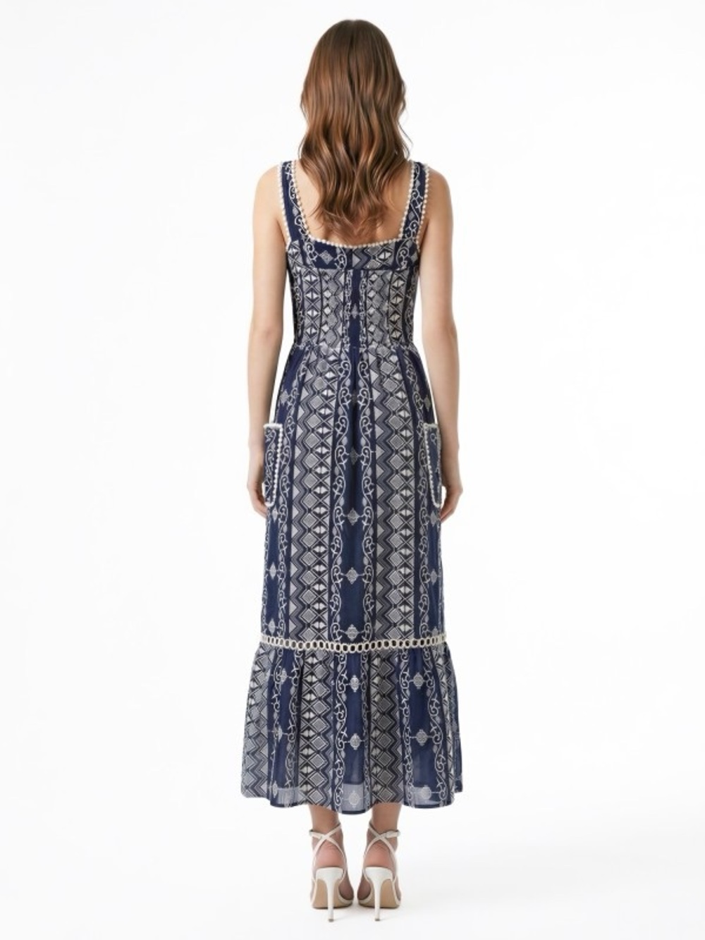 Camellia Navy & White Patterned Maxi Dress with Crochet Trim - Picture 4 of 4